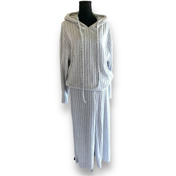 Vintage Wide Leg 2pc Ribbed Casual Lounging Tracksuit Grey XL - Picture 16 of 16